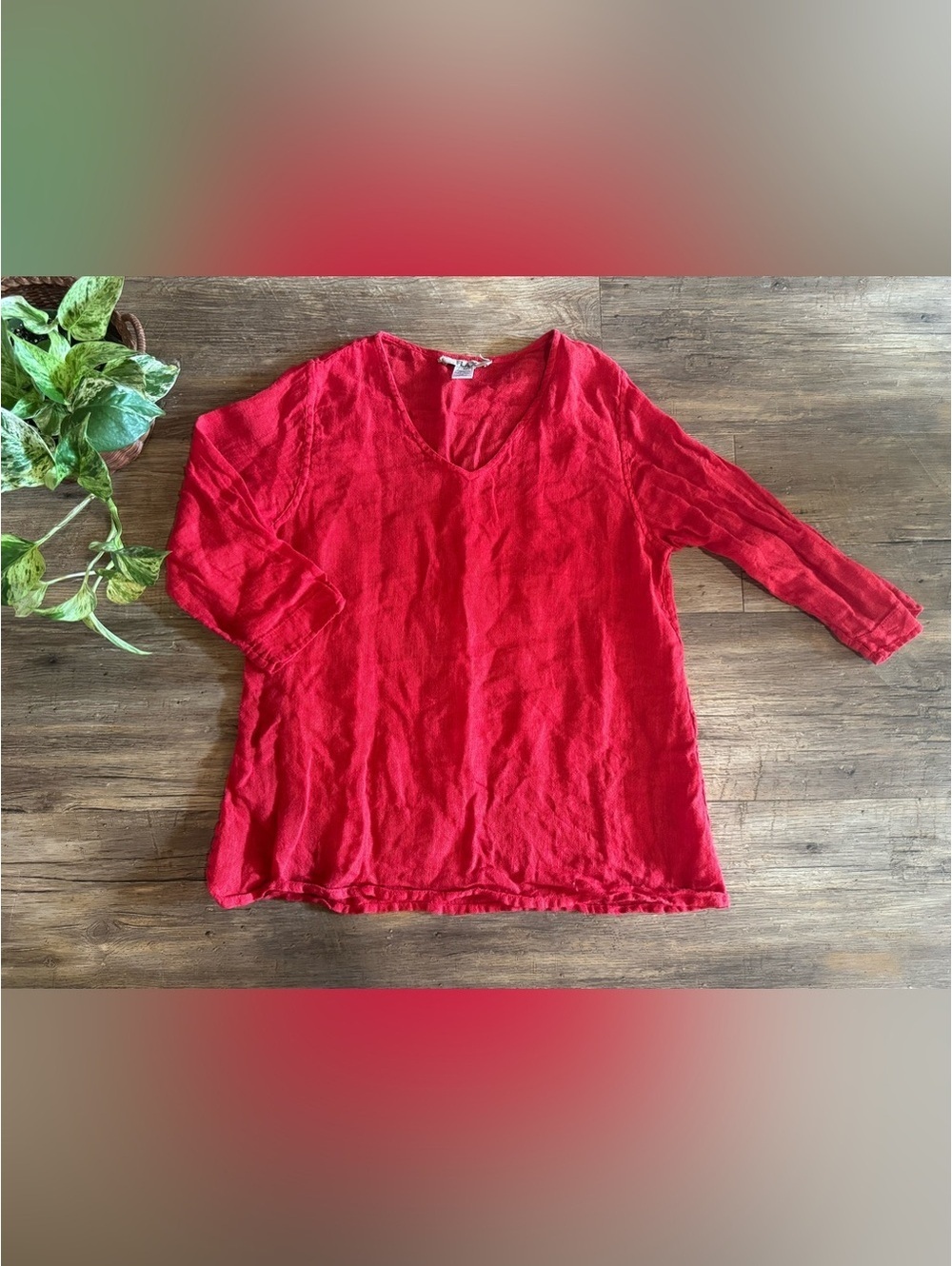 FLAX 100% Linen Tunic V Neck Blouse Red Sz M
